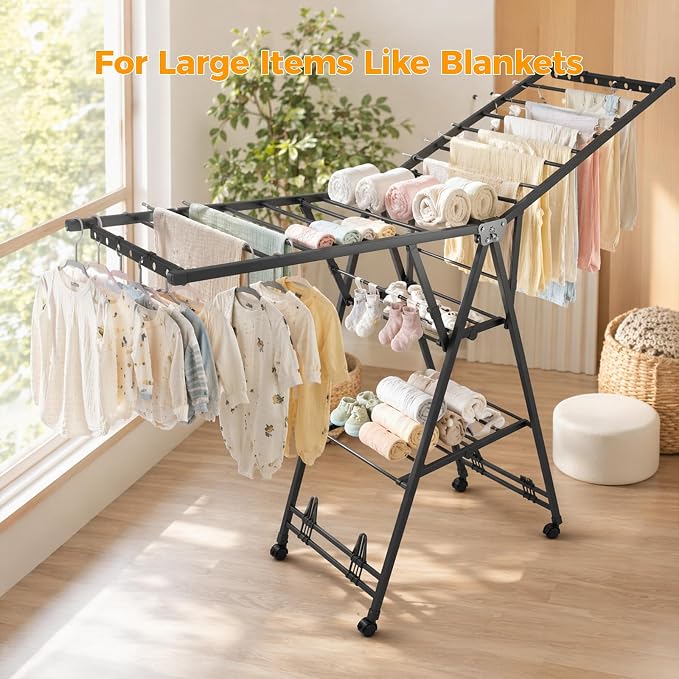Clothes Rack, 3-Tier Drying Hanger, for 30 Pieces+, Foldable and Space Saving, Portable, Indoor or Outdoor Use, Solid Metal Clotheshorse, Nice for Mum, Gray(1.6 m Wing Length)