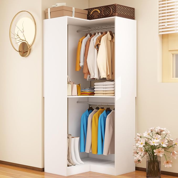 Corner Closet System, 30.7" * 30.7" L Shaped,3 Hanging Rods,White | Custom L Shaped U shaped Storage Organizer,3 Hanging Rods,Walk in Freestanding Unit, Modular with Other Units