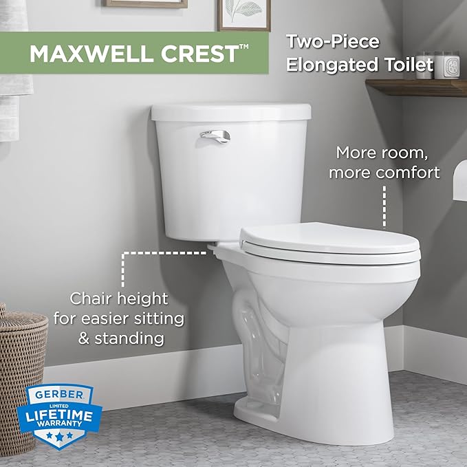 Gerber Maxwell Crest Two-Piece Toilet Elongated with 12-in Rough-in, ADA-Compliant Chair Height, High Efficiency 1.28 GPF, Soft-Close Seat and Install Kit with Wax Ring Included, White, GRS48310
