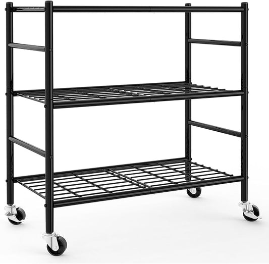 Sakugi Storage Shelves Organizer - 3 Tier Metal Shelf Organizer with Metal Wheels and Adjustable Leveling Feet, Heavy Duty Garage Shelving for Kitchen, Pantry and Closet, 33.1"x12.6"x32.5", Black