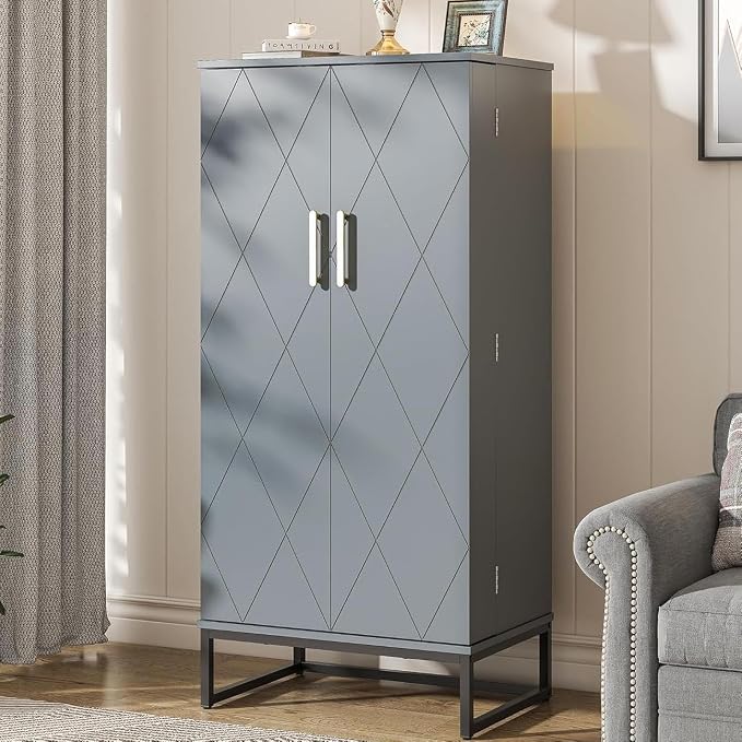 kepptory 51" Pantry Cabinet with Diamond-Patterned Doors and Golden Handles, Freestanding Kitchen Storage Cabinet with 17 Shelves, Tall Metal Base, Adjustable Feet, Grey
