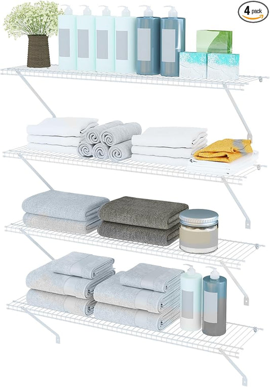 PROWORX Closet Shelves Wall Mounted, 4 Pack 4 ft x 12 in White Wire Shelving Kit, Metal Wall Shelf Organizer for Home, Pantry, Laundry Room Storage