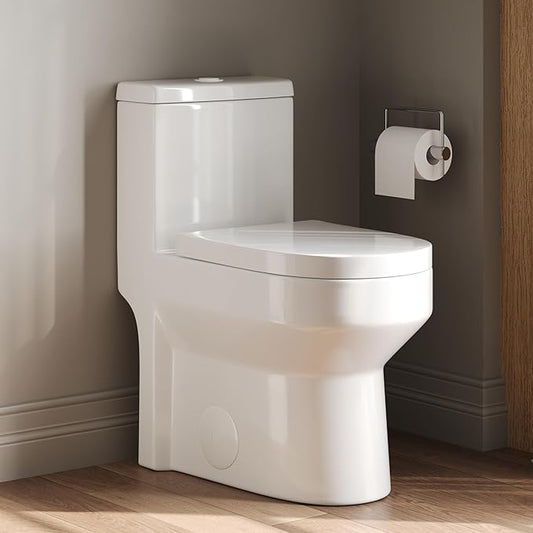DeerValley Small One Piece Toilet with Soft Closing and Seat White Flush Button 12 Inch Rough-In Compact Toilets for Tight Spaces