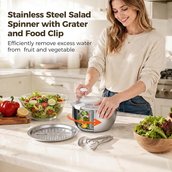 Stainless Steel Salad Spinner Set with Grater and Food Clip, 6L Large Metal Salad Spinner, Fruit Vegetable Dryer with Built-in Drain Spout for Dehydrating Fruit and Vegetable, Pasta (Silver)