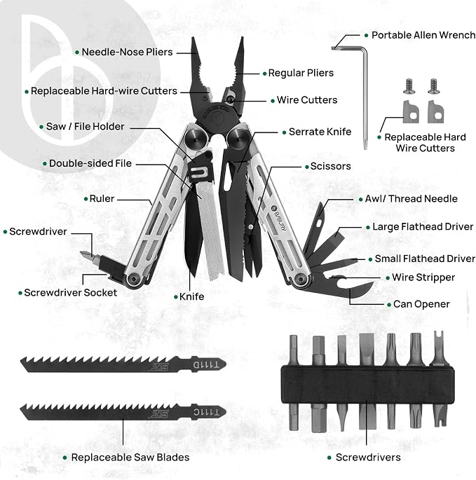 BIBURY Multitool Pliers with 440A Knife & Full Size Scissors, BI2045B | 31-in-1 Multi Tool with Replaceable Wire Cutters, Self-locking EDC Tool with Sheath, Ideal for Outdoor, DIY, Gift for Men