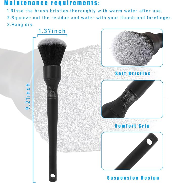 Ziciner Car Detailing Brush, Ultra Soft Car Detail Brush Kit for Elegant Surfaces, Auto Scratch-Free Cleaner Kit for Car Interior & Exterior, Wheels, Dashboard, Engine Bay (Long Handle)