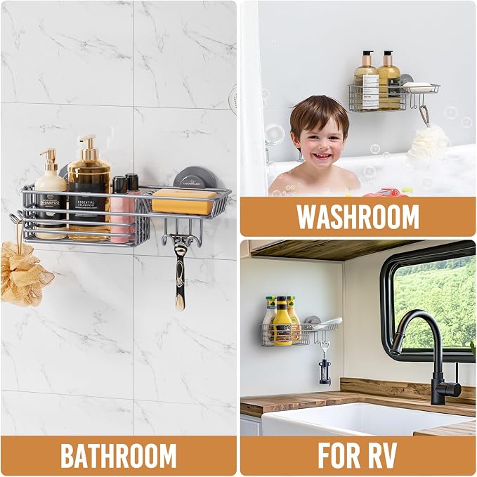 LEVERLOC Shower Caddy Suction Cup, Heavy Duty Bathroom Organizer for Inside Shower with Hooks & Soap holder， NO-Drilling Bathroom Shower Holder-Grey