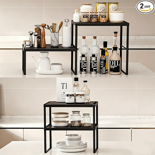 Spicy Shelf Stackable Kitchen Countertop Organizer Heavy Duty Kitchen Counter Shelf Metal Spice Rack for Countertop (2 Pack, Black)