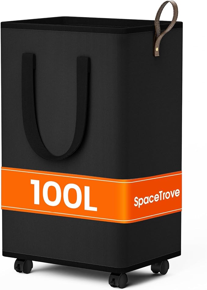 SpaceTrove Rolling Laundry Basket with Wheels, Laundry Hamper, 100L, Black | Collapsible, 4 detachable wheels including 2 with brakes, sturdy handle, metal frame, for dorms, bathrooms and bedrooms