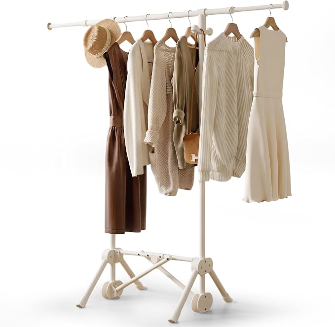 Small Clothes Rack, Foldable Clothes Rail with 3 Adjustable Heights | Extendable Rod, 4 Side Hooks, Portable, Sturdy Carbon Steel, Space Saving, Ready to Use, for Bedroom, Laundry, Cream White