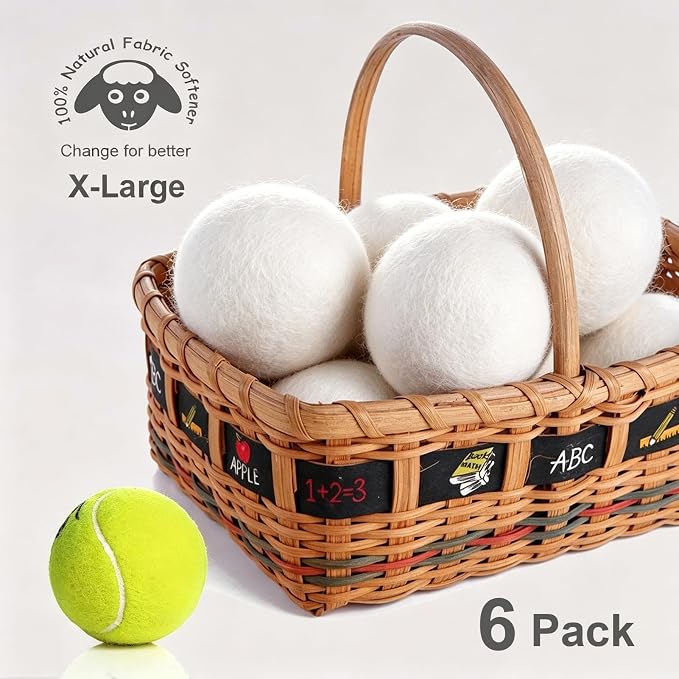 Budieggs Wool Dryer Balls XL 6-Pack, 100% New Zealand Wool Handmade | Chemical-Free Natural Fabric Softener Reusable, Reduces Wrinkles, Tangling, Drying time & Static Cling, Lasts 1000+ Loads