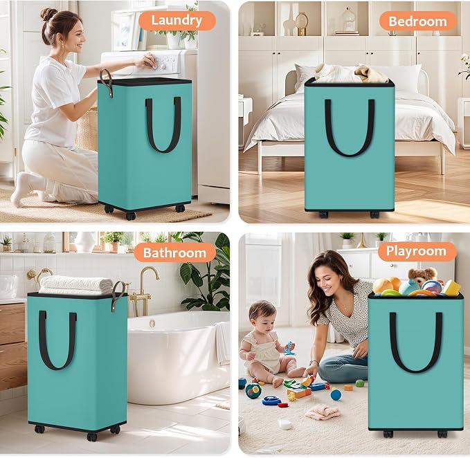 SpaceTrove Rolling Laundry Basket with Wheels, Laundry Hamper, 100L, Green | Collapsible, 4 detachable wheels including 2 with brakes, sturdy handle, metal frame, for dorms, bathrooms and bedrooms