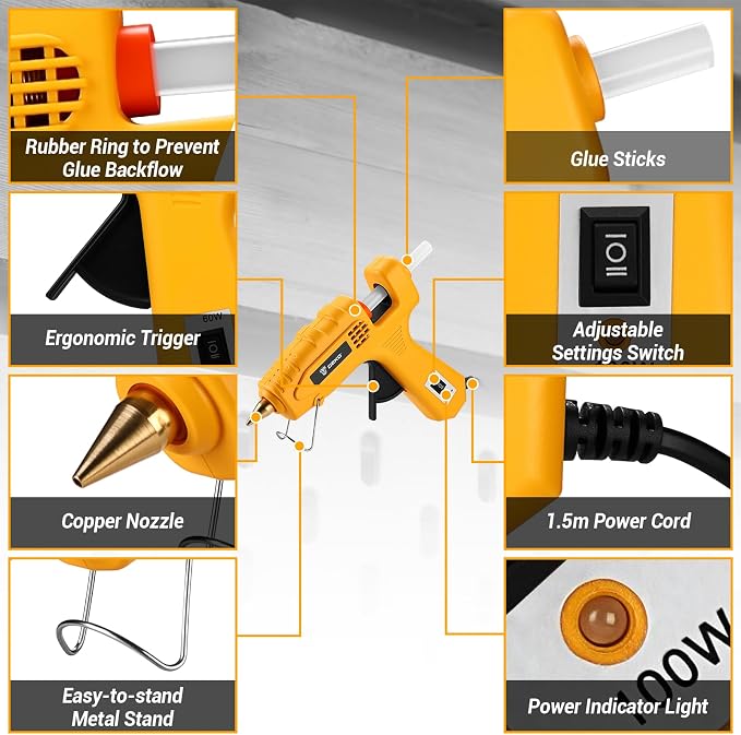 Hot Glue Gun Full Size: DEKOPRO 60/100Watt Dual Temp Hot Glue Gun Kit with 25 Glue Sticks, Organize Storage Case, Heavy Duty Heat Glue Gun Tool Set for Home Repair, Art & Crafts, DIY, Yellow