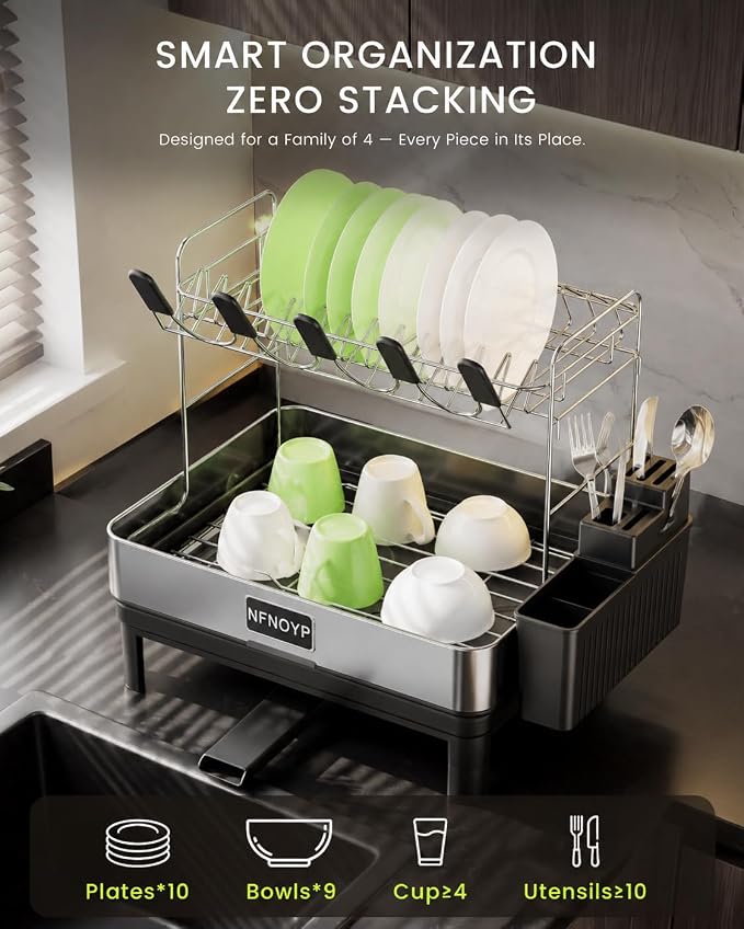 Dish Drying Rack, 2 Tier 304 Stainless Steel Dish Rack and Drainboard Set, Rustproof Dish Drainer with Anti-Pooling Automatic Drainage, Large Capacity Kitchen Counter Organizer, Black