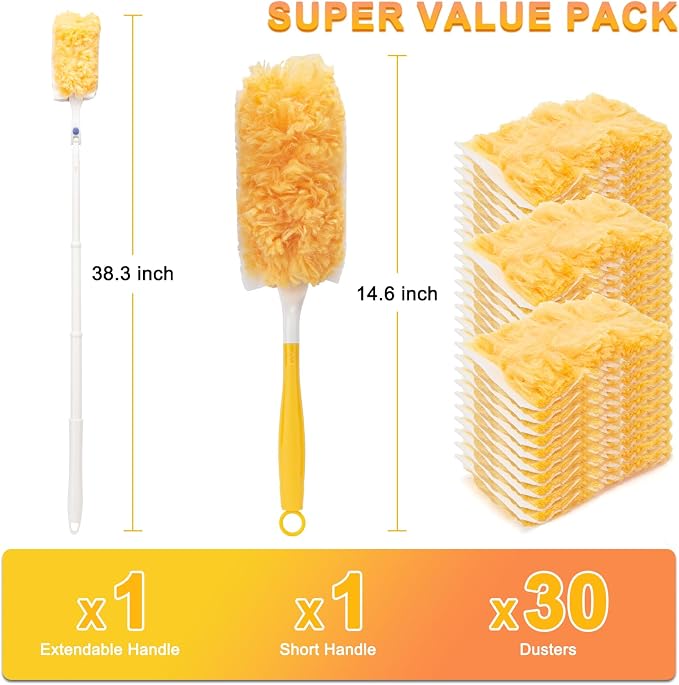 360° Heavy Duty Duster Refill Kit, 1Extended Handle 1Short Handle 30Refills | Heavy Duty,Disposable Dusting Kit for Cleaning, 1 Extended Handle, 1 Short Handle, 30 Refills