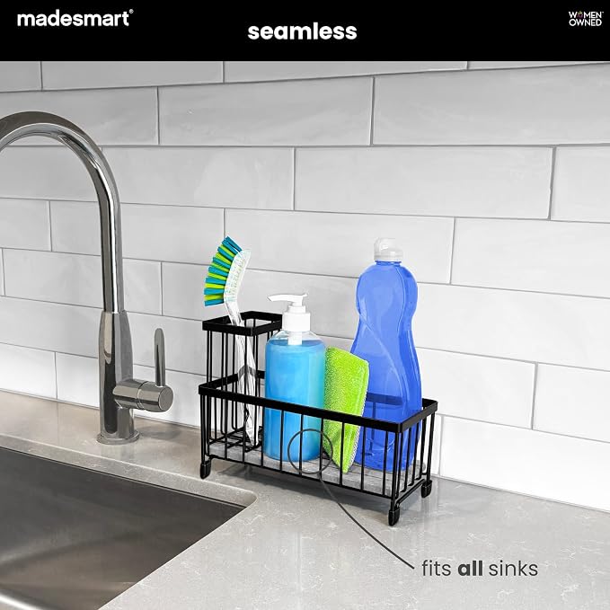 madesmart Drying Stone Sink Caddy Organizer for Kitchen Sink, Sponge Holder with Diatomite Water Absorbing Tray, Detachable Brush Holder & Rust Resistant Metal Frame, Black