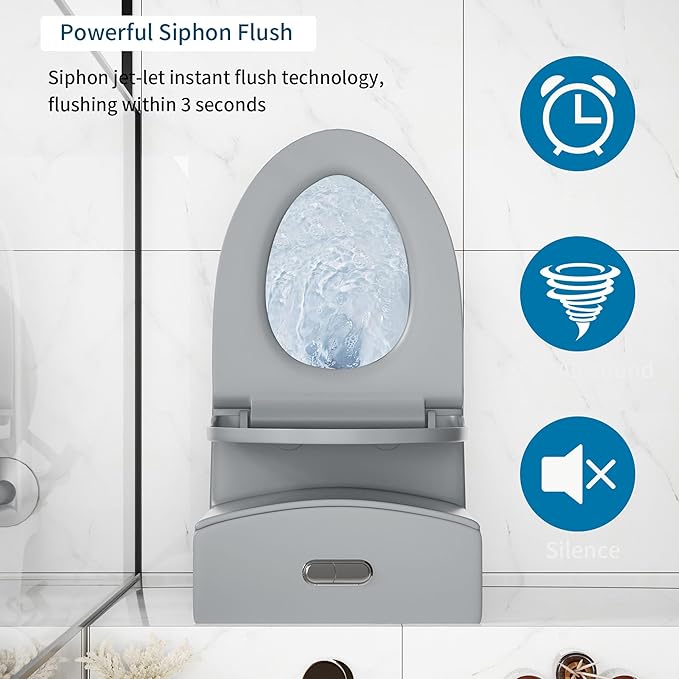 Dual Flush One Piece Toilets for Bathrooms, Compact Black Toilet Elongated with Soft Closing Seat, Modern 12 Inch Rough in Toilet, 1.6 GPF & Map 1000g, Comfort Height, Silent Design (Light Gray)