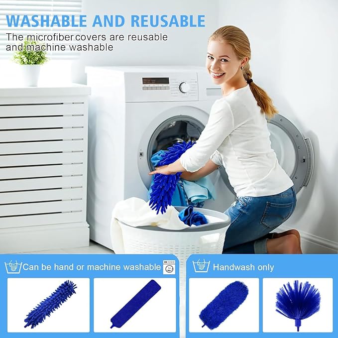 Duster with Extension Pole - Blue | 5-in-1 Kit Dusters for Cleaning, Extendable Duster with 100 Inches, Microfiber Dusters for Ceiling Fans, Furniture, Blinds