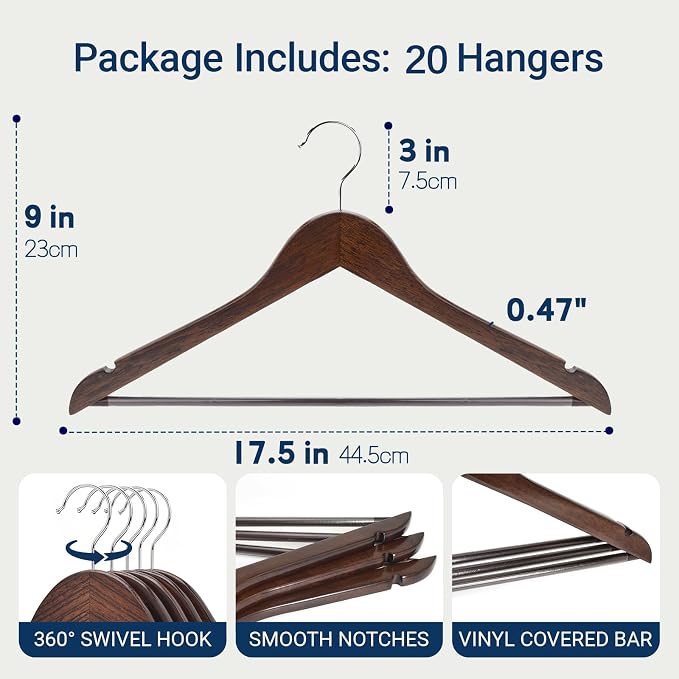 Amber Home 20 Pack Retro Wooden Coat Hangers, Vintage Wood Suit Hangers with Non-Slip Pant Bar, Clothes Hangers for Closet Organization, Shirts, Jackets, Dresses, and Pants (Retro, 20)