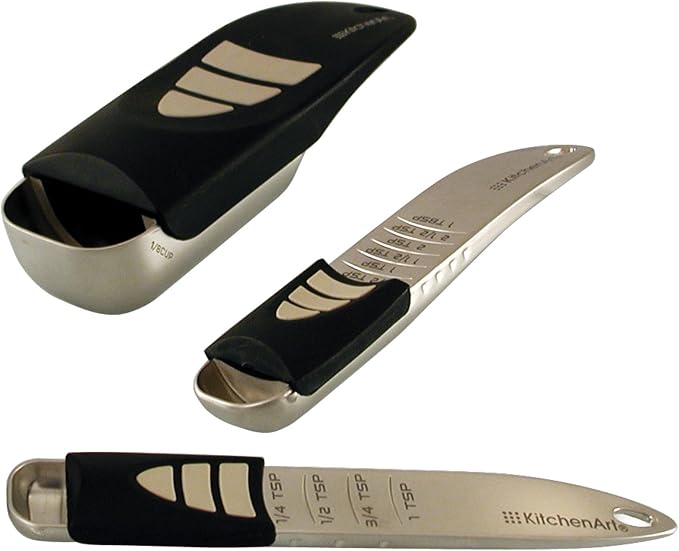 KitchenArt Cook’s Pro Adjust-A-Measure Set, 3-Piece, Satin,Black and Silver | Adjustable Measuring Teaspoon, Tablespoon, 1/2 Cup Scoop | All The Essentials For Baking & Cooking | Kitchen Gadgets & Gifts