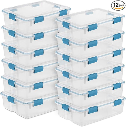 Sterilite Gasket Storage Box with Lids for Home & Office, 37 Quart, 12-Pack | Heavy-Duty, Stackable, and Organizing Containers for Bathroom, Cabinet, Closet, and Garage, Clear and Blue Aquarium Latches