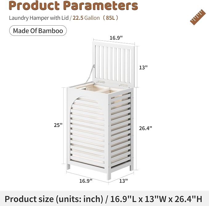 Laundry Hamper with Lid (16.9 * 13 * 26.5inches) Large Bamboo Laundry Bin Basket 85L Clothes Hamper with 1 Removable Bag Storage baskets for Bathroom (White)