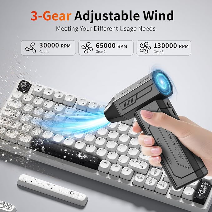 Compressed Air Duster,130000RPM Super Power Cordless Air Duster,Rechargeable Brushless Blower,3 Gear Adjustable Mini Blower with LED Light,Dust Remover for Computer/House/Outdoor/Car