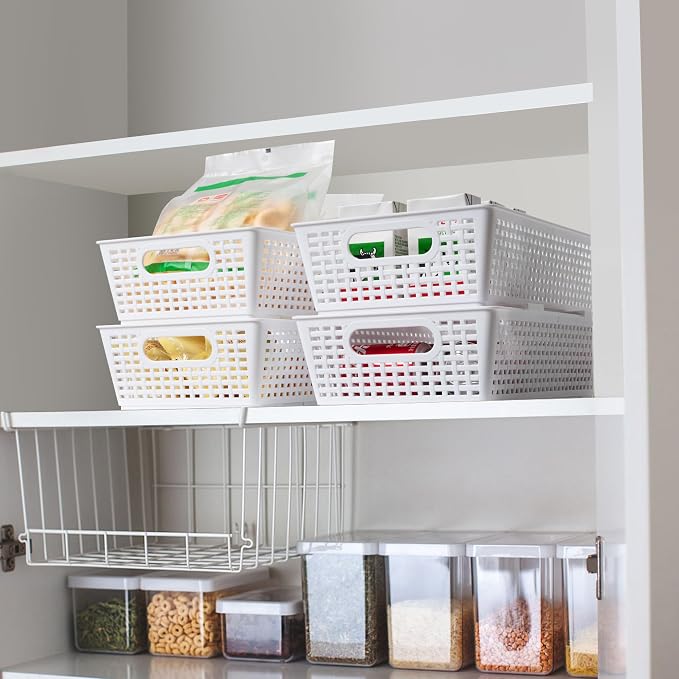 Tiawudi Stackable Woven Plastic Basket, Storage Bins for Cabinet, Closet, Shelf, Under Sink and Countertop, Pantry Organizer Bins, 6 Pack