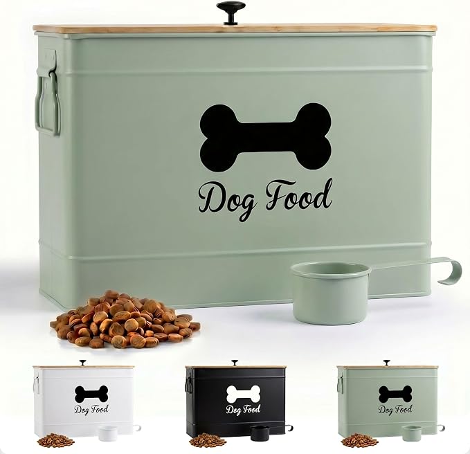 Dog Food Container Airtight Bamboo Lid 15-20 lb Sturdy Metal Handle 70 Cups | Pet Jar For Dogs up to 100lbs, Airtight Bamboo Lid, Sturdy Comfortable Metal Handle, Powder Coated Iron, Kibble Storage Bin