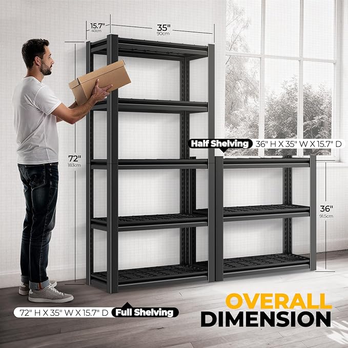 Auto Dynasty 5-Tier Storage Shelves, 72" H Heavy Duty(3000LBS Capacity) Adjustable Garage Shelving, Metal Storage Utility Rack Shelf Unit for Pantry Kitchen Warehouse, 72" H x 35" W x 16" D, Black