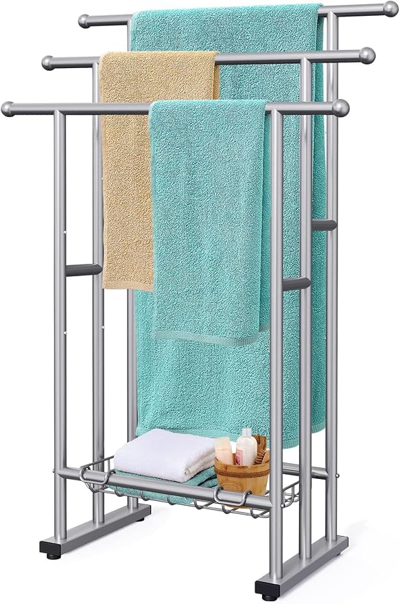 Kayfia 40'' Freestanding 3 Tier Alloy Steel Towel Rack with Storage Basket | Dual-Use Drying & Display Rack, Holds Oversized Bath Towels & Blankets, Fits Bathroom, Tub, Shower, Poolside, Silver