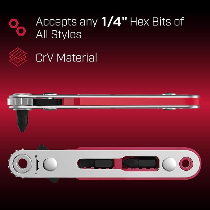 Bates Mini Ratchet Wrench, 1/4" Magnetic 90 Degree Screwdriver, Low Profile Right Angle Screwdriver for Tight Spaces