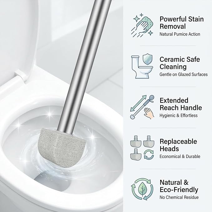 8-Pack Pumice Stone Toilet Cleaner with Long Handle - Hard Water & Limescale Remover, Non-Scratch Multi-Surface Scrubber, Disposable Refill Heads for Bathroom & Kitchen