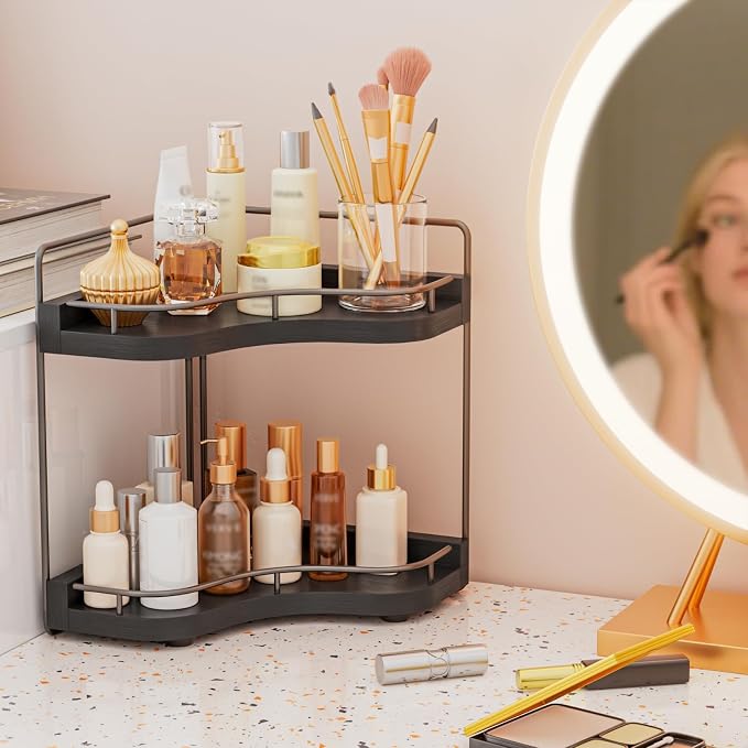 2-Tier Corner Bathroom Counter Organizer, Larger Size | Embedded Screw Holes, Sturdy & Stable, Oversized, Holds More, Vanity Shelf for Makeup & Skincare, Black