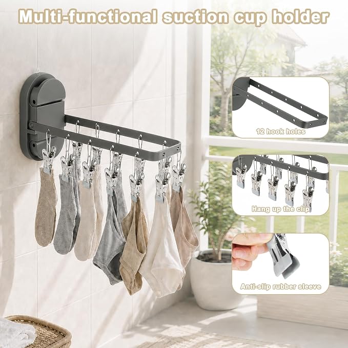 Folding Clothes Drying Rack with 12 Clips-Heavy Duty Dual Suction Cup Towel Bar for Bathroom Tile, Shower Glass | Space Saving Portable Laundry Hanger for RV, Apartment
