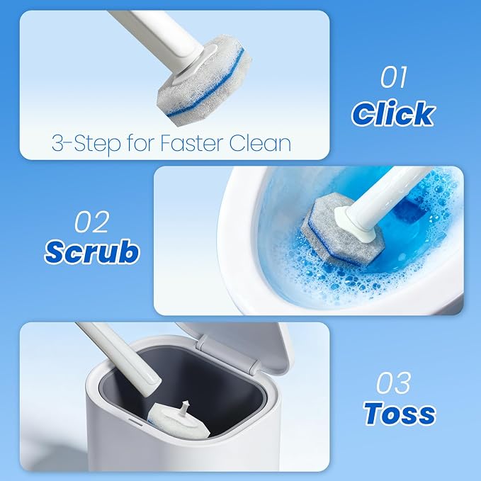 Disposable Toilet Brush Cleaning Supplies, Toilet Bowl Cleaner and Holder Set with 50 Toilet Wand Refill Pads, Bathroom Maintenance Wall Mounted Toilet Wand Kit (White+Blue)