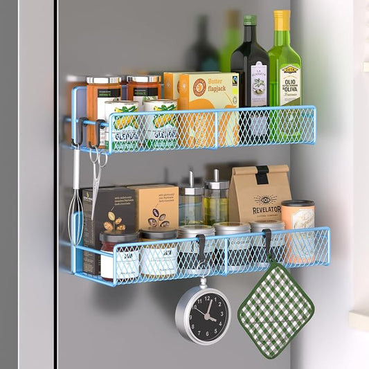 Magnetic Spice Rack for Refrigerator, 2 Pack Metal Magnetic Shelf Blue, Moveable Spice Organizer with Hooks, Super Magnetic Fridge Shelf for Kitchen Organization and Storage