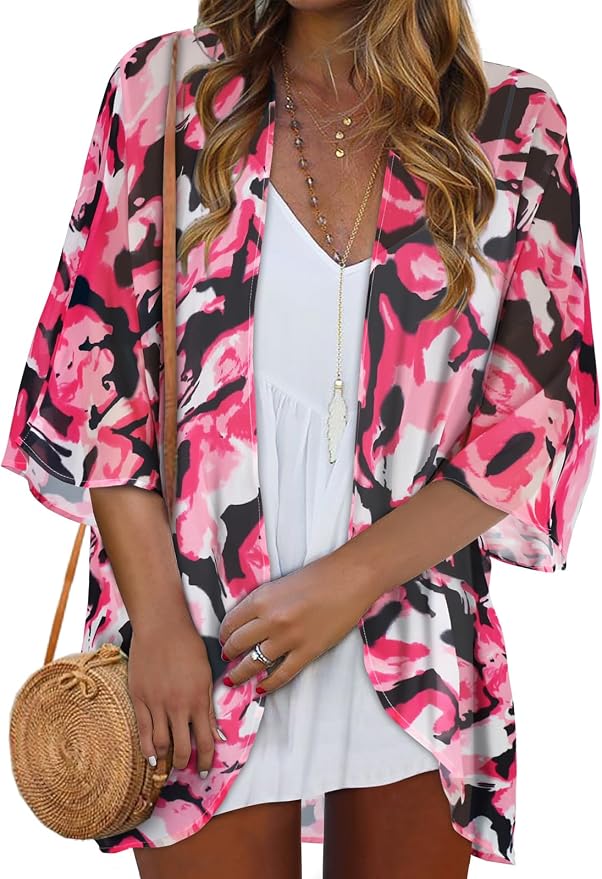 Women Kimono Cardigans Summer Cover Up Hawaiian Shirts Floral Print Tops | ROSEMIA chiffon kimono open front cardigans, beach cover ups, daily casual tops, cruise outfits, summer resort wear