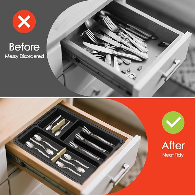 Silverware Organizer, Expandable Cutlery Drawer Organizer Utensil Tray for Home and Kitchen, Upgrade Adjustable Plastic Storage Flatware Holder for Forks, Spoons and Knives Large Black