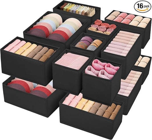Drawer Clothes Organizer 16-Pack, Black 3 Sizes Underwear Drawer Dividers, Fabric Folding Wardrobe Organizer, Can Store Baby Clothes, Bras, Underwear, Panties, Belts, Socks, Ties