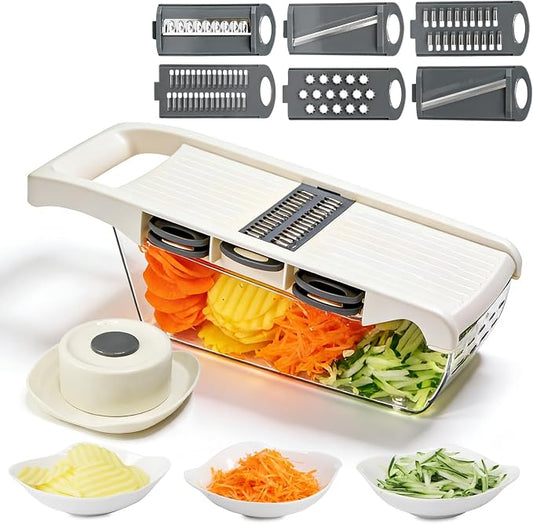6-in-1 Mandoline Slicer for Kitchen, Food-Grade Veggie Cutter with Drainage Container, Stainless Steel Blades, BPA-Free & Non-Slip, White Plastic/Stainless Steel Options (white)