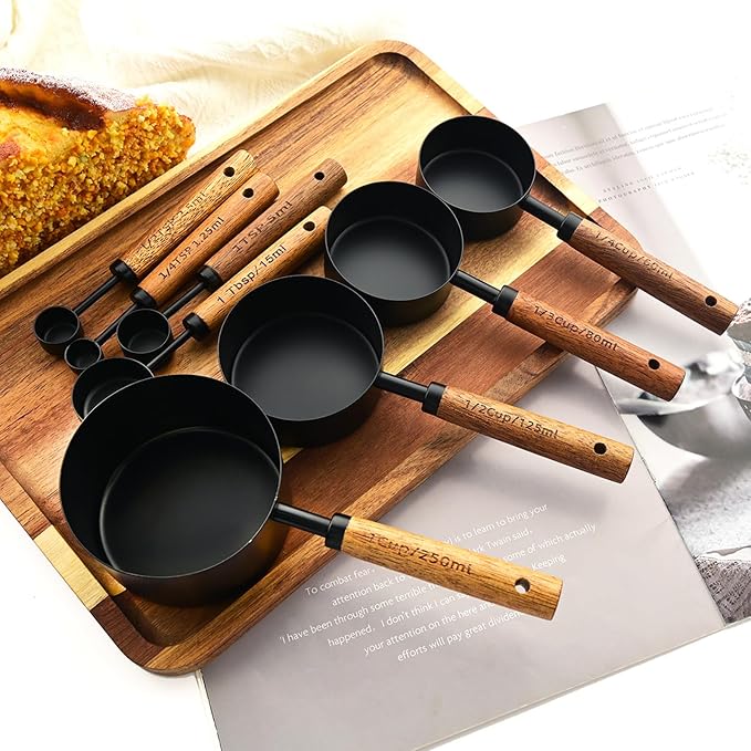Measuring Cups and Spoons Set of 8, Matte Black Stainless Steel Nesting Kitchen Measuring Set, Wood Handle Dry and Liquid Measuring Cups, For Cooking and Baking