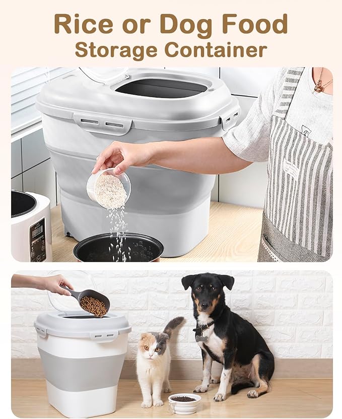 20-50 Lbs Airtight Food Storage Container Wheels,Collapsible Rice Container | Flour Storage Container with Double Airtight Seal,Rice Storage Container with Magnetic Lid,Keep Fresh for Pet Food,Rice,Flour