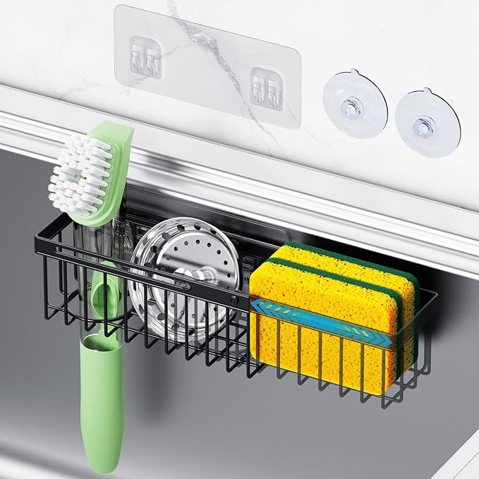 Expandable Kitchen Sink Caddy, Strong Adhesive Mount Detachable Sponge Holder for Kitchen & Bathroom Sink with Extra Suction Cups, Holds Sponges, Dish Brushes, Scrubbing Pads - Black