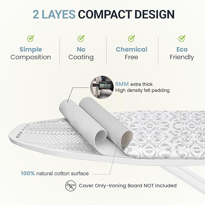 UniSimp Ironing Board Cover and Pad 15"x54" Extra Thick Natural Cotton, Scorch and Stain Resistant Padding,Standard Size Iron Board Cover with Fasteners Heavy Duty Elastic Edge, Heatproof Ash