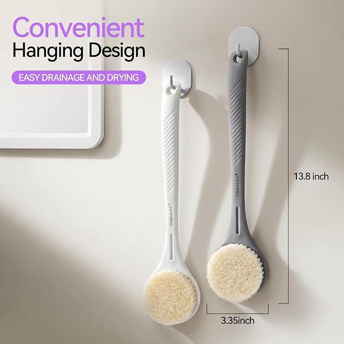 Back Scrubber for Shower for Women Men, Body Brush with Long Handle, Exfoliating Bath Washer with Soft Bristles, Body Exfoliator for Wet or Dry Brushing, Back Scrub Deep Cleaning, White