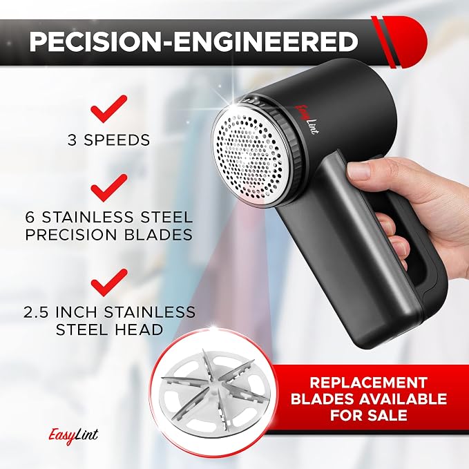 EasyLint Rechargeable Fabric Shaver Lint Remover, Effectively Remove Fuzz, Pills & Bobbles from Clothes, Sweaters, Couch and Furniture, 3-Speeds, 6-Leaf Blade Lint Shaver, LED Display & USB Charging