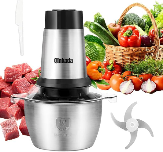 Qinkada Meat Grinder, 500W Powerful Food Processors, 8Cup Stainless Steel Bowl, 3 Speed Modes 4 Bi-Level Blades for Onion, Meat, Nuts, Fruit, Garlic, Vegetable, Baby Food