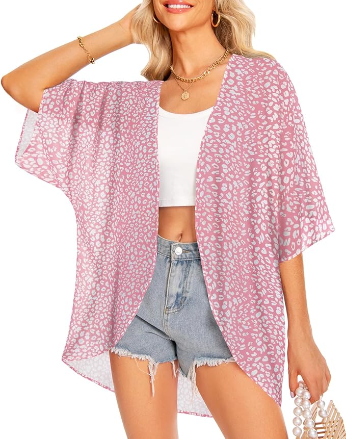 Women Kimono Cardigans Summer Cover Up Hawaiian Shirts Floral Print Tops | ROSEMIA chiffon kimono open front cardigans, beach cover ups, daily casual tops, cruise outfits, summer resort wear