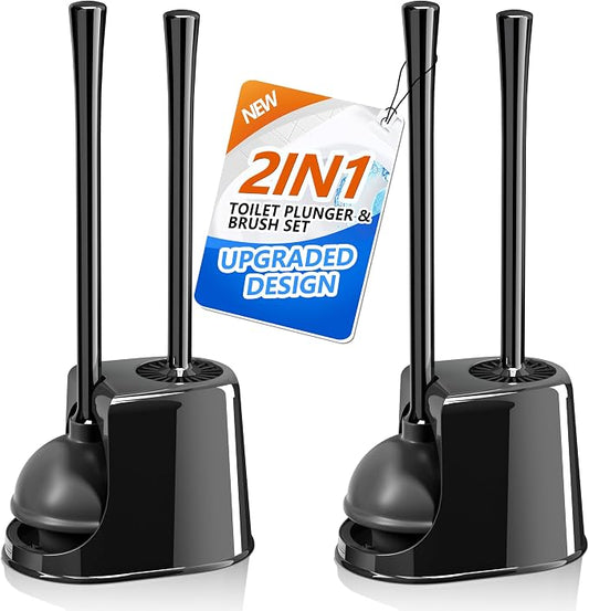 Toilet Plunger and Brush Set,2 Pack Bowl Brush and Heavy Duty Toilet Brush with Ventilated Holder, 2-in-1 Toilet Brush and Plunger Combo for Bathroom Deeply Cleaning（Black）